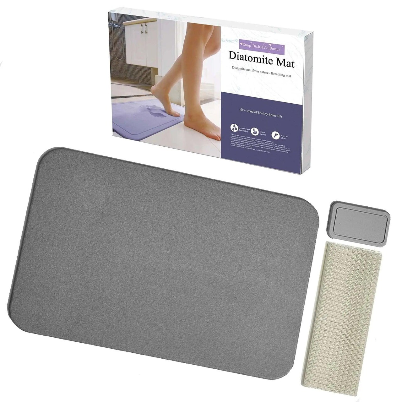 DURABLEZ Japanese Style 23.6'' x 15.3'' Fast Water Absorbing Diatomite Stone Bath Mat with Anti Slip Pad and Soap Dish Grey